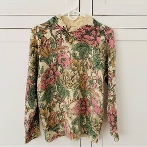 Laura Winston Silk/Angora/Lambs Wool Beige Floral Sweatshirt Size Small